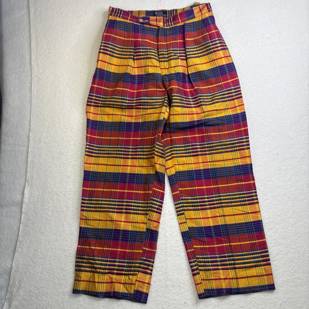Polo Ralph Lauren Madras 100% Silk Parachute Pants 34 USA Made multicolor Plaid